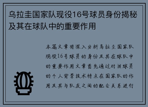 乌拉圭国家队现役16号球员身份揭秘及其在球队中的重要作用